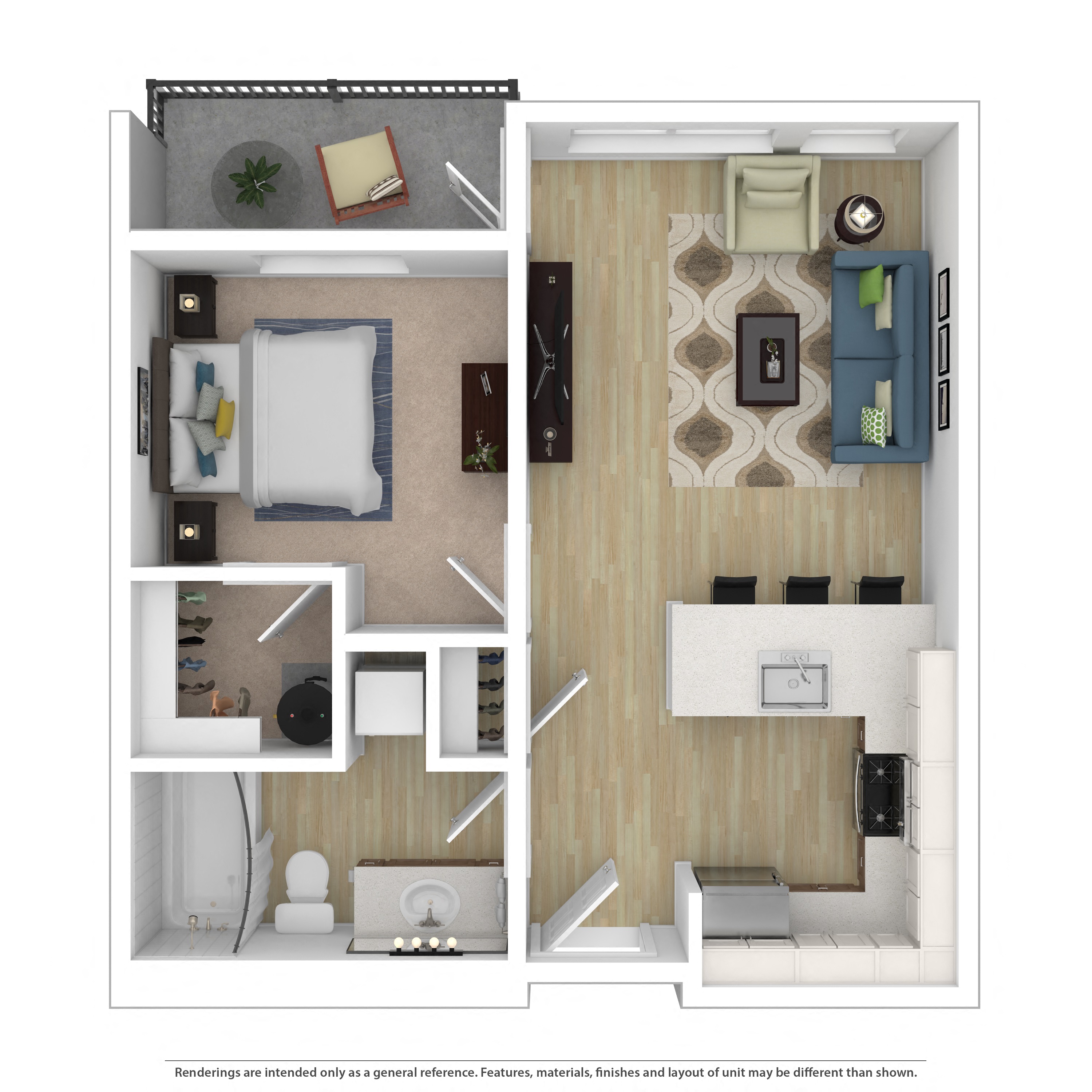 Floor plan for 1 bed, 1 bath, 745 sqft